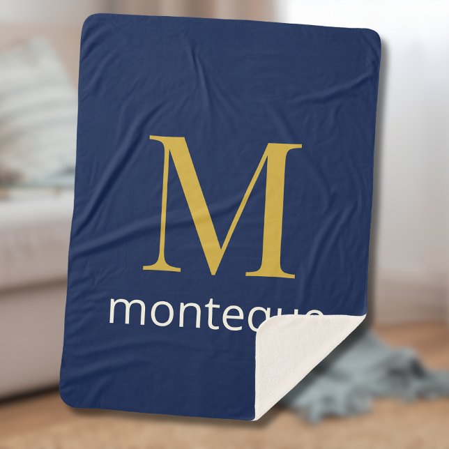 Couverture Sherpa Or Navy profond Monogramme personnalisé Nom Luxe (Créateur téléchargé)