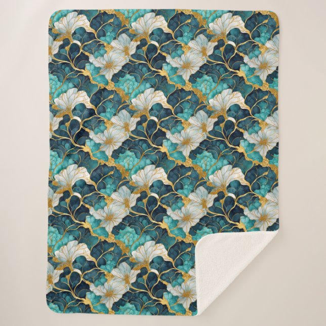 Couverture Sherpa Or Turquoise floral japonais (Devant)
