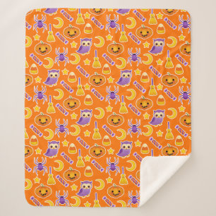 Couverture Sherpa Orange Halloween Chouettes Citrouilles Motif araig