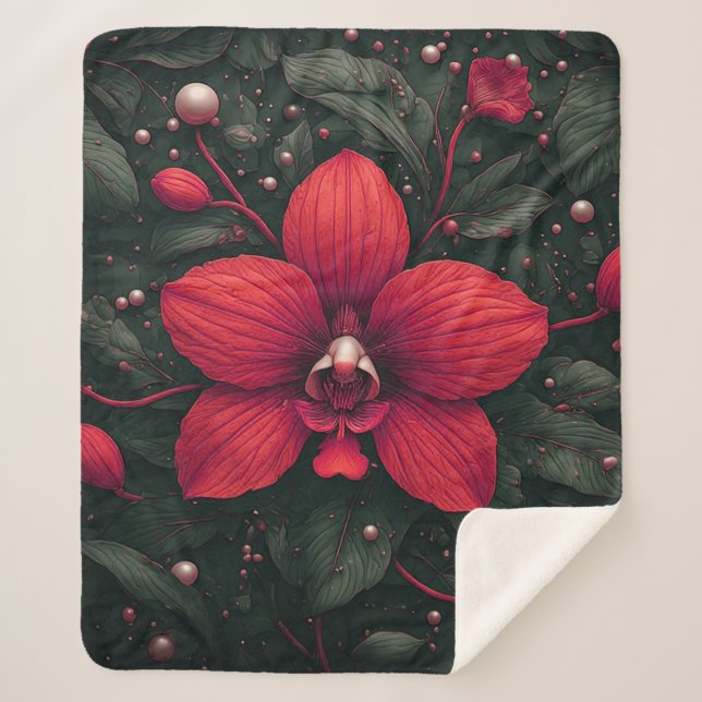 Couverture Sherpa Orchidée rouge en fleurs avec des feuilles vertes (Devant)