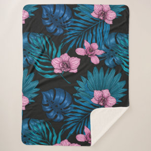 Couverture Sherpa Orchidées et feuilles de palmiers, rose et bleu su