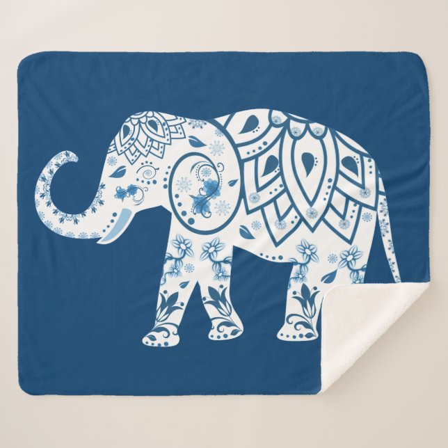 Couverture Sherpa Ornate Patterned Blue Elephant (Devant (Horizontal))