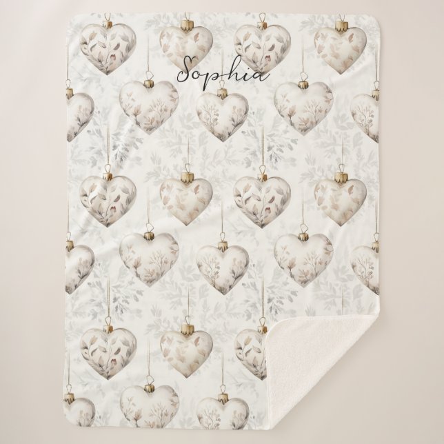Couverture Sherpa Ornements coeurs gris crème Chic   (Devant)