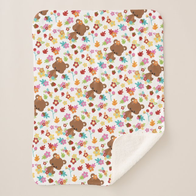 Couverture Sherpa Ours de bois mignon et feuille Baby Girl Kawaii (Devant)