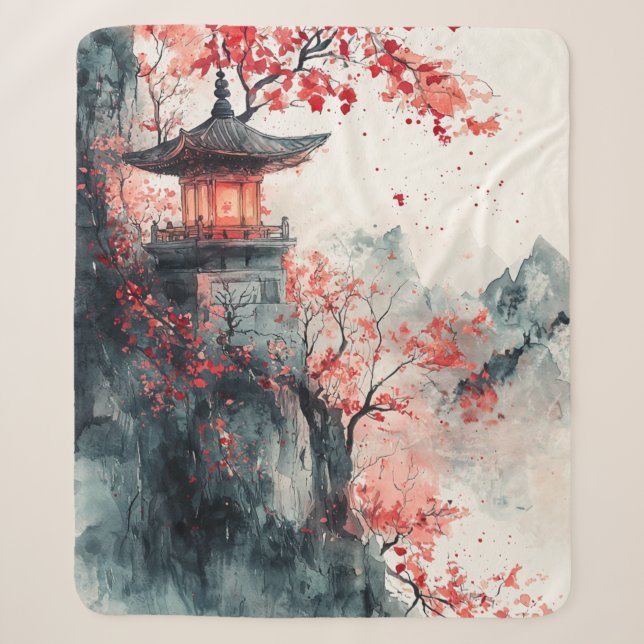 Couverture Sherpa Pagode de Sakura cramoisie aquarelle (Devant)