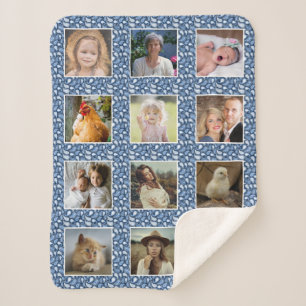 Couverture Sherpa Paisley Motif Blue Custom Family Photo Collage