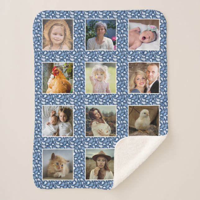 Couverture Sherpa Paisley Motif Blue Custom Family Photo Collage (Devant)