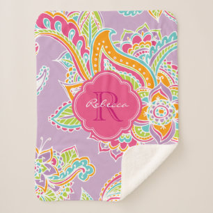 Couverture Sherpa Paisley rose et Lilac Boho Monogramme