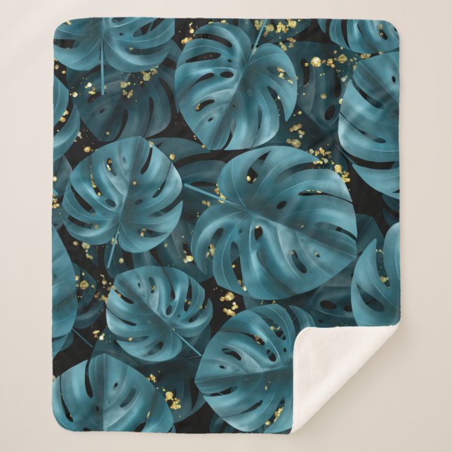 Couverture Sherpa Palmier De Monstera, Plat D'Or Sans Couche. (Devant)