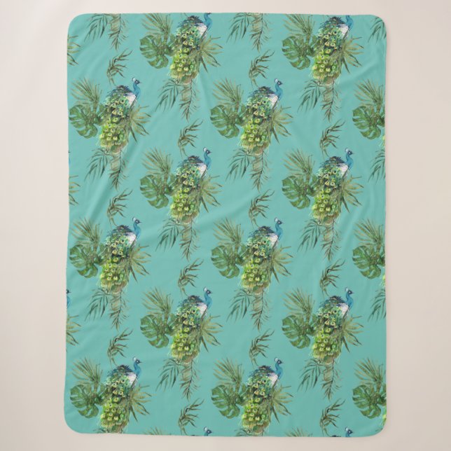 Couverture Sherpa Paon & Feuilles Tropicales (Devant)