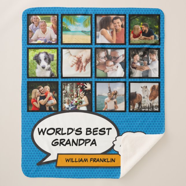 Couverture Sherpa Papapa Grand-père Fun Photo Collage Cool Bleu (Devant)