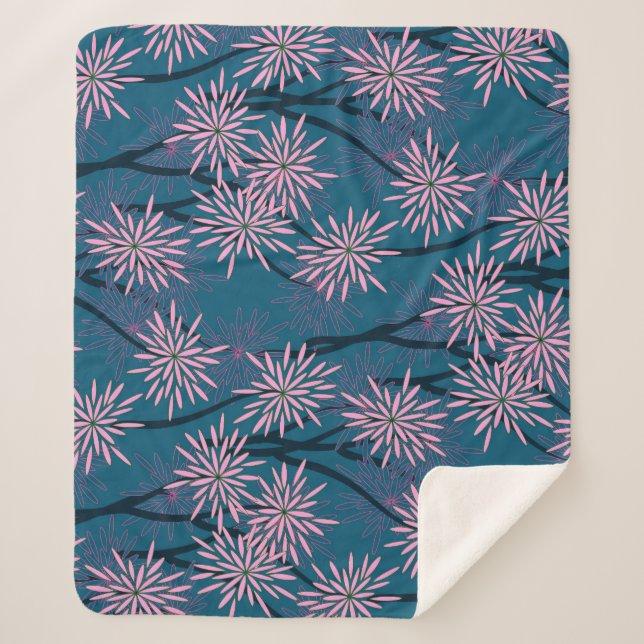 Couverture Sherpa Papier peint floral : bleu marine asiatique, rose. (Devant)