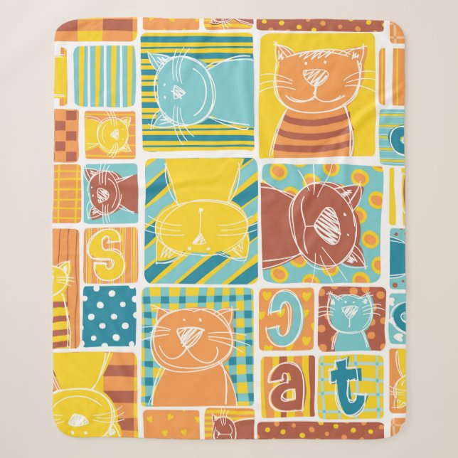 Couverture Sherpa Papier peint patchwork en tissu de chat amusant, c (Devant)