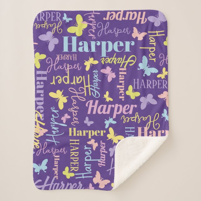 Couverture Sherpa papillon arc-en-ciel muet nom personnalisé Harper  (Devant)