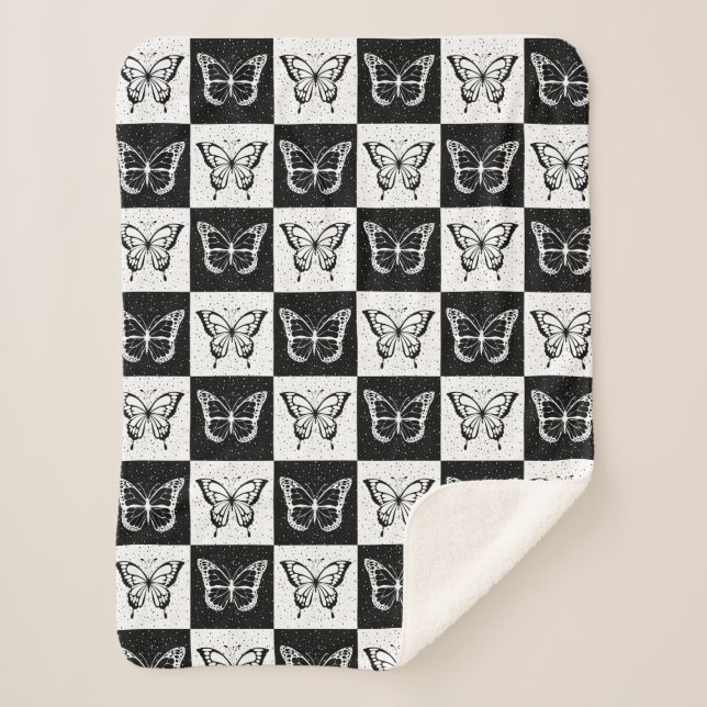 Couverture Sherpa Papillon blanc noir À damiers bloc (Devant)