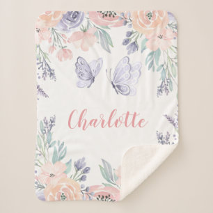 Couverture Sherpa Papillon floral rose pourpre Personnalisé Fille