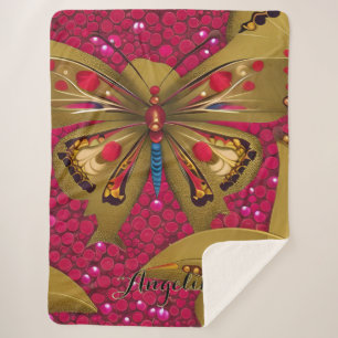 Couverture Sherpa Papillon rouge et or brillant Nom personnalisé