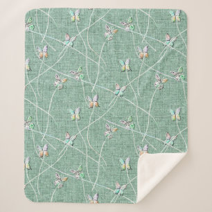 Couverture Sherpa Papillons à l'aquarelle sur fond vert menthe 