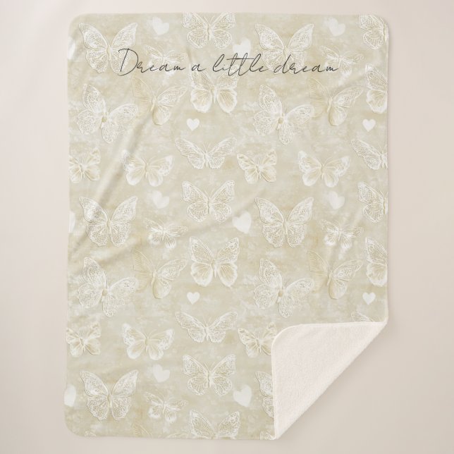 Couverture Sherpa Papillons blancs crème coeurs (Devant)