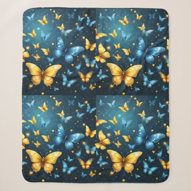 Couverture Sherpa Papillons Bleus Et Jaunes Volant, (Devant)
