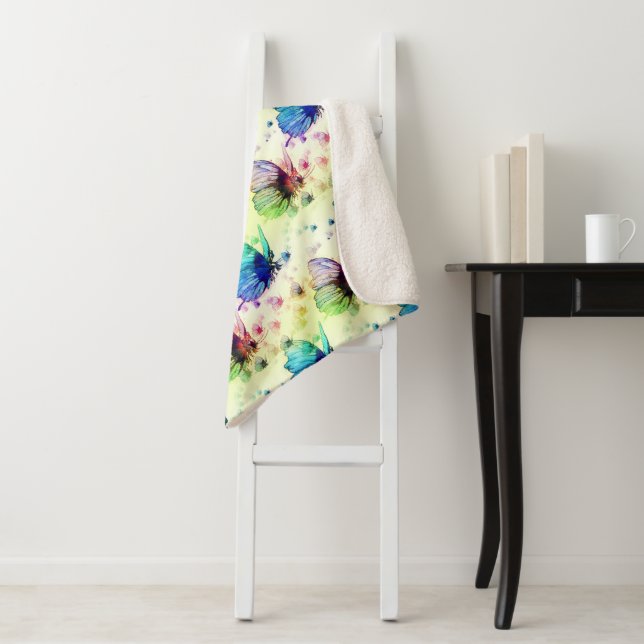 Couverture Sherpa Papillons d'aquarelle Sherpa Blanket (En situation)