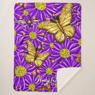 Couverture Sherpa Papillons et fleurs pourpres Nom personnalisé