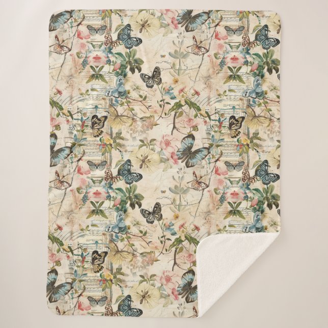 Couverture Sherpa Papillons et fleurs vintages (Devant)