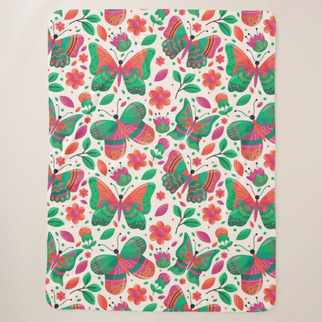Couverture Sherpa Papillons, Fleurs et Feuilles (Devant)