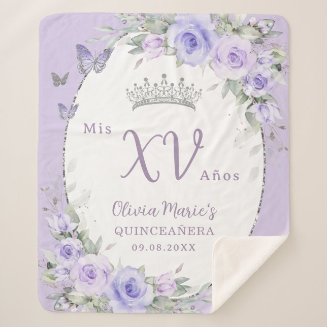 Couverture Sherpa Papillons floraux pourpres de lavande Quinceañera (Devant)