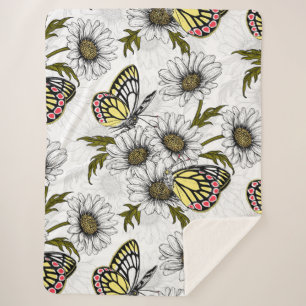 Couverture Sherpa Papillons Jézabel et fleurs marguerites sur blanc