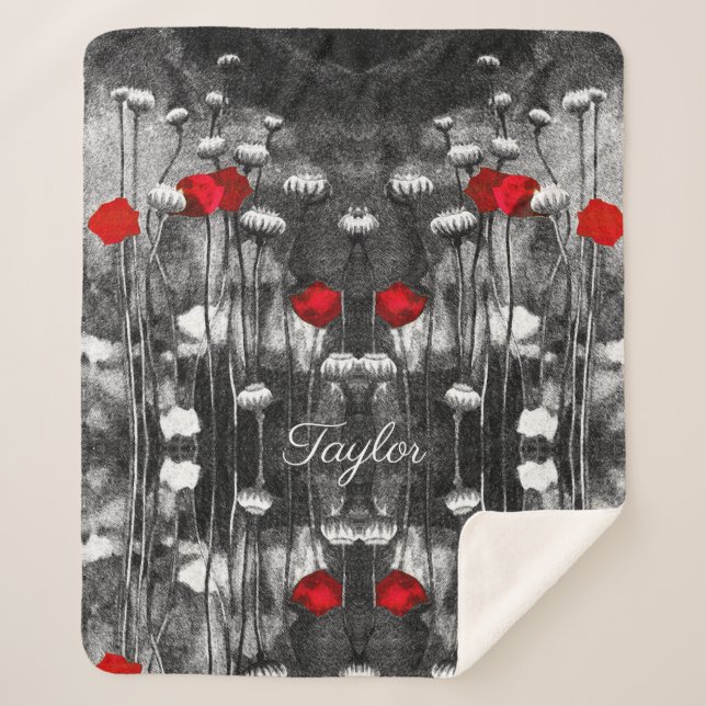 Couverture Sherpa Papillons noirs blancs rouges fleurs Modèles flora (Devant)