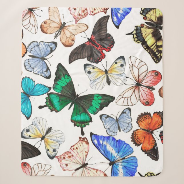 Couverture Sherpa Papillons tropicaux : motif coloré d'aquarelle. (Devant)