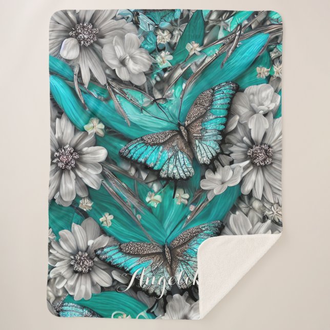 Couverture Sherpa Papillons Turquoises floraux en argent Nom personn (Devant)