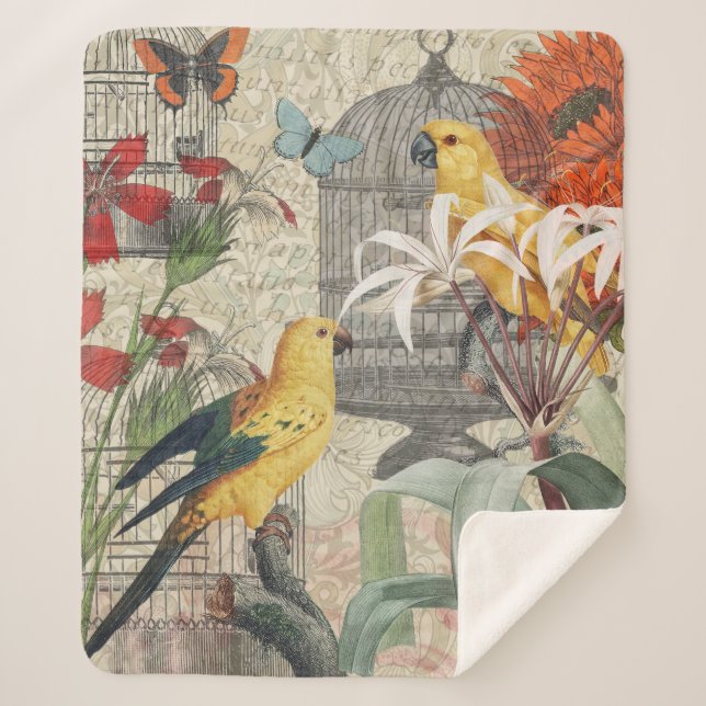 Couverture Sherpa Parrot Jaune Tropical Antique Fleur (Devant)