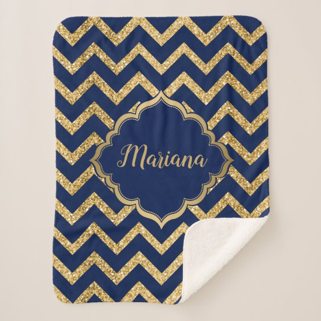 Couverture Sherpa Parties scintillant d'or Blue Chevron Zigzag Motif (Devant)