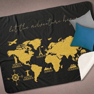 Couverture Sherpa Parties scintillant d'or Carte du monde sur Black 