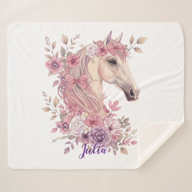 Couverture Sherpa pastel de chevaux pour filles (Devant (Horizontal))