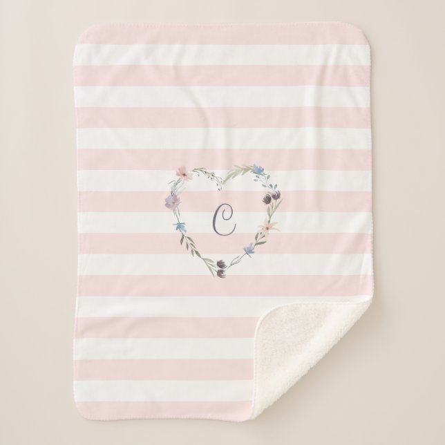 Couverture Sherpa Pastel Pink Stripes Floral Heart Monogramme (Devant)