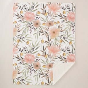 Couverture Sherpa Pastel Rose Peach Olive Brown Feuilles floraux