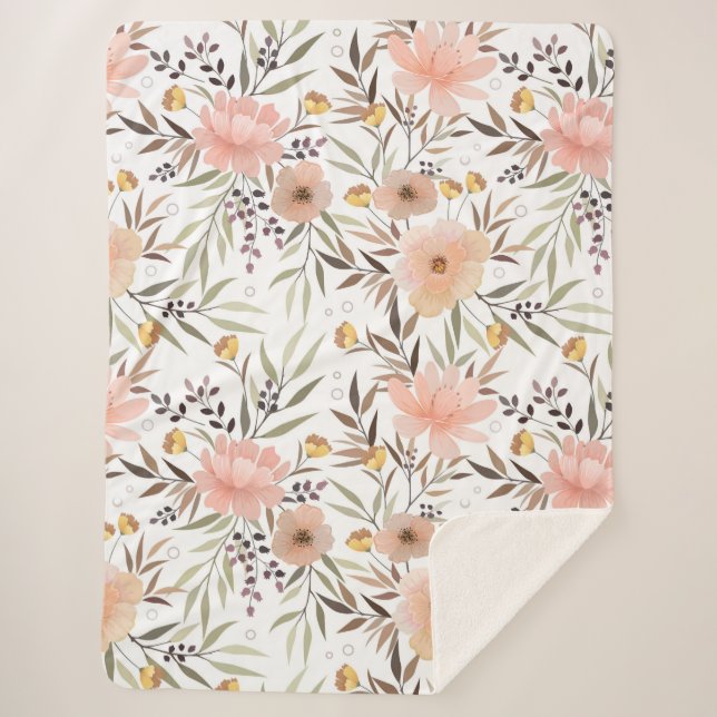 Couverture Sherpa Pastel Rose Peach Olive Brown | Feuilles floraux (Devant)