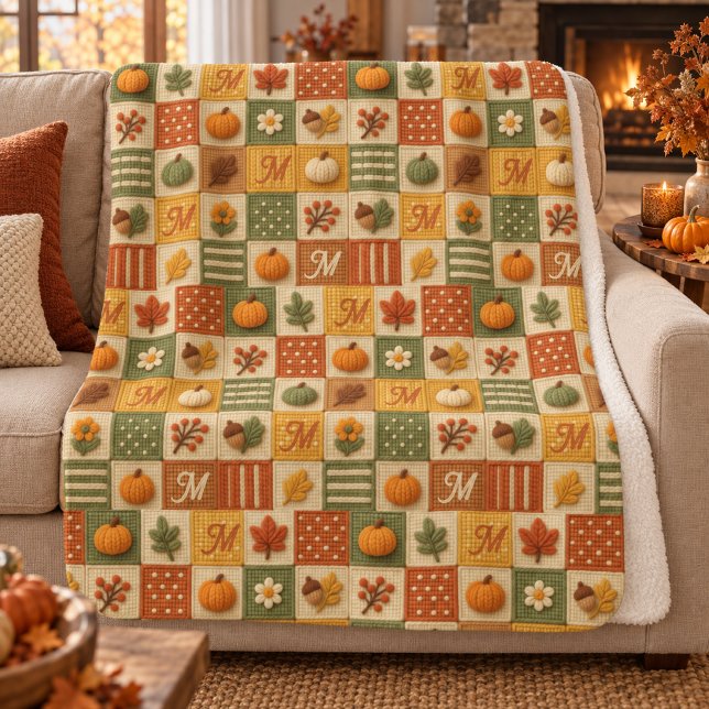 Couverture Sherpa Patchwork Automnal Rustique Citrouille Monogramme (Créateur téléchargé)