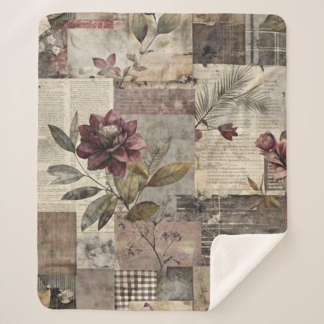 Couverture Sherpa Patchwork Botanique Rustique Vintage (1) (Devant)
