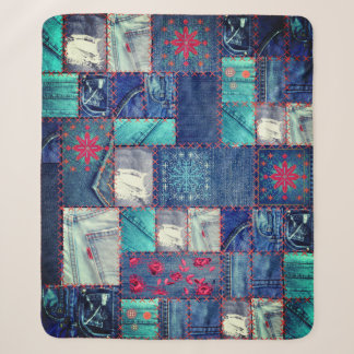 Couverture Sherpa Patchwork de Jeans bleus avec détails floraux