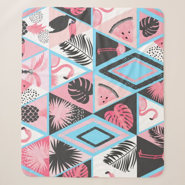Couverture Sherpa Patchwork flamingo tropical, motif de palmier. (Devant)