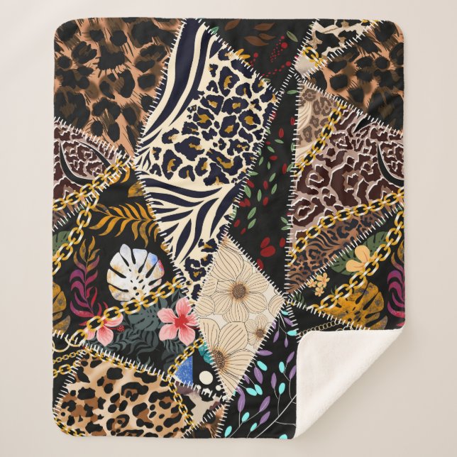 Couverture Sherpa Patchwork Leopard : Ethnic Lining Design. (Devant)