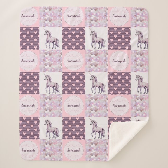 Couverture Sherpa Patchwork rose violet Coeurs Unicorne Nom personna (Devant)
