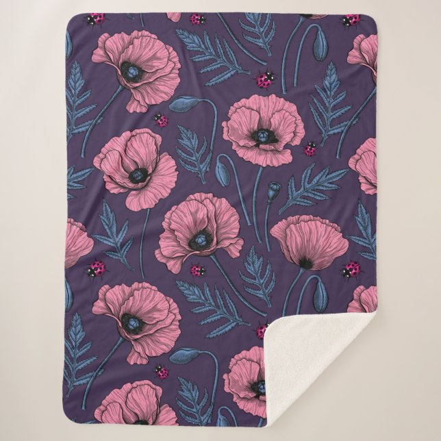 Couverture Sherpa Pavot rose sur violet foncé (Devant)