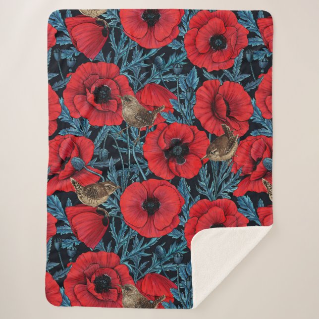 Couverture Sherpa Pavot rouge et brunes, feuilles bleus sur noir (Devant)
