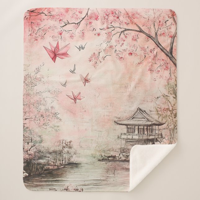 Couverture Sherpa Paysage de sérénité aux fleurs de cerisier roses ( (Devant)