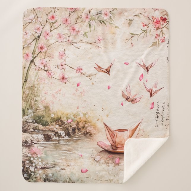 Couverture Sherpa Paysage de sérénité aux fleurs de cerisier roses ( (Devant)
